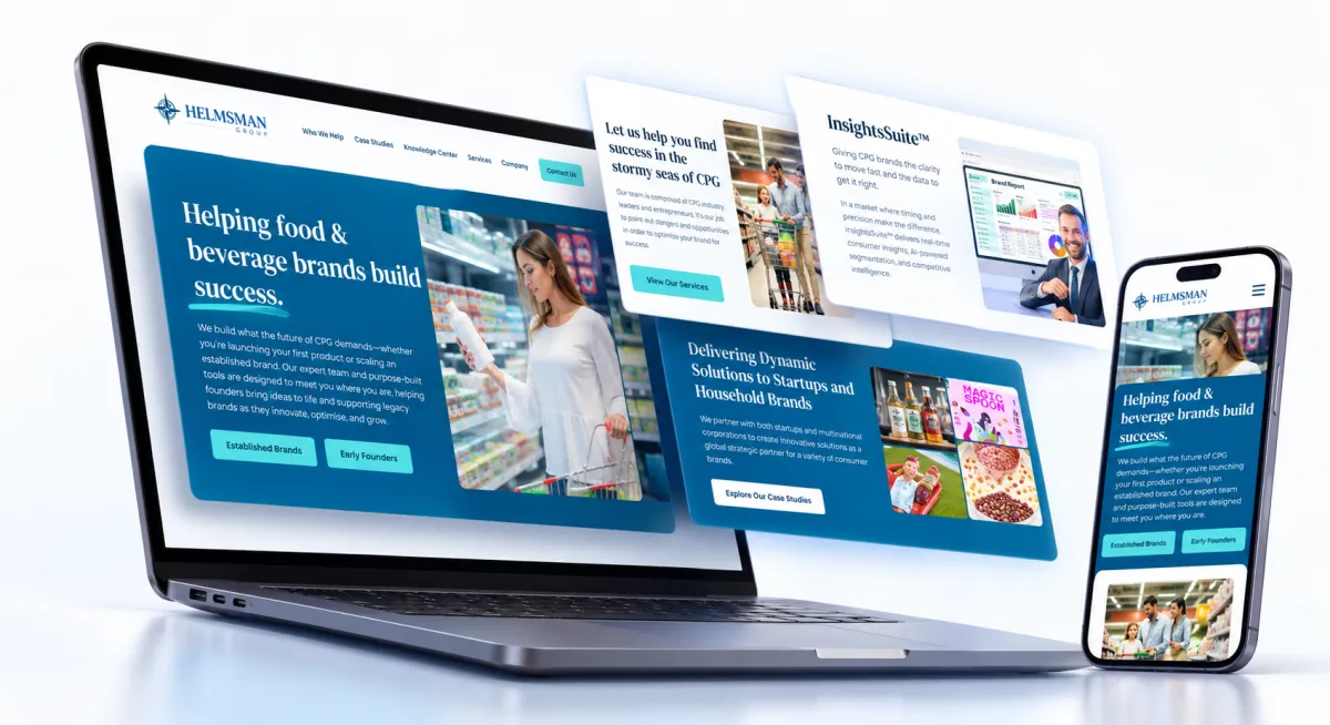 Helmsman Group website shown on laptop and phone