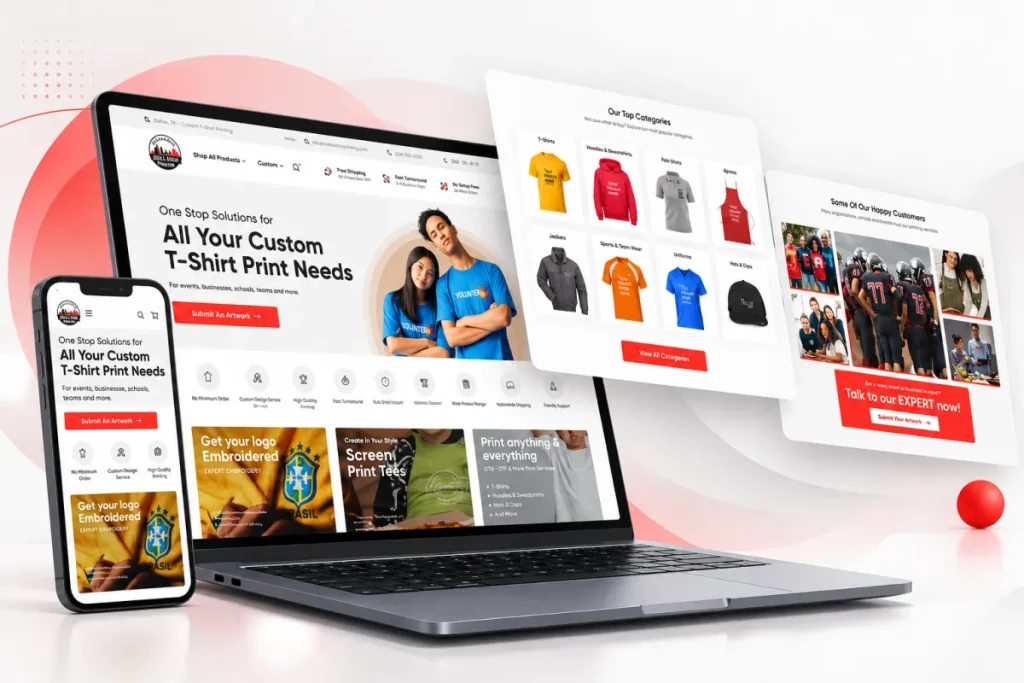 Dallas Shirt Printing website shown on laptop and phone
