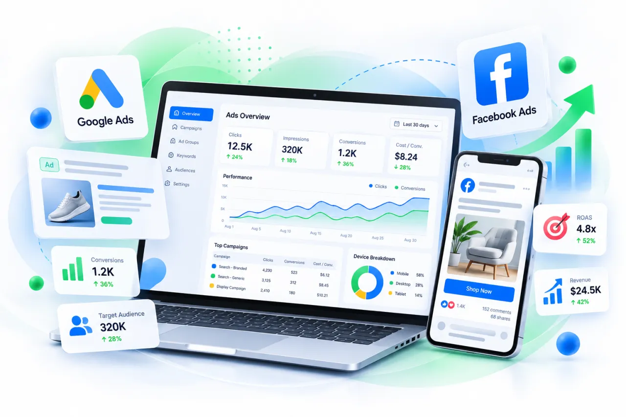 Google and Facebook ads illustration